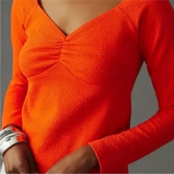 Anthropologie Maeve Sweetheart Neckline Fitted Ruched Textured Long Sleeve Top - Picture 1 of 11